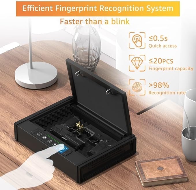 HARDROCK Gun Safe for Pistols, Biometric Wall Mounted Handgun Safe Box for Desk, Bedside,Truck，Drop Down Quick Access Security Safe with Fingerprint Keypad Lock for Home nightstand