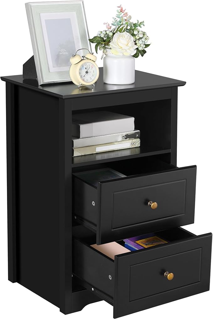 Yaheetech Tall Nightstand with 2 Drawer and 1 Cubby, 29" High Bedside Table Wooden Storage Cabinet Bed Side Table with Drawer for Bedroom Home Office, Black