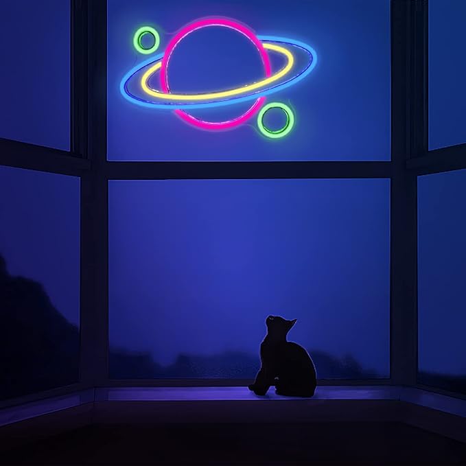 IMEGINA Planet Led Neon Sign, Saturn Neon Lights for Bedroom USB Powered with Switch 16x11'', Aesthetic Cool Stuff Gaming Room Wall Decor, Alien Birthday Gifts for Boys Girls