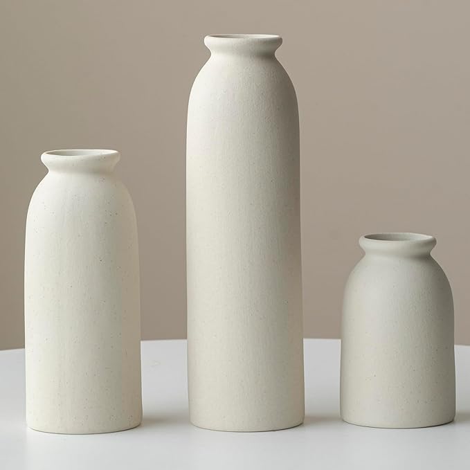 Ceramic Vase Set-3, 10.3 Inch Tall Flower Vases for Decor, Modern Boho Farmhouse Style, Decorative Vases for Pampas Grass & Dried Flowers, Distressed Finish (L Beige)