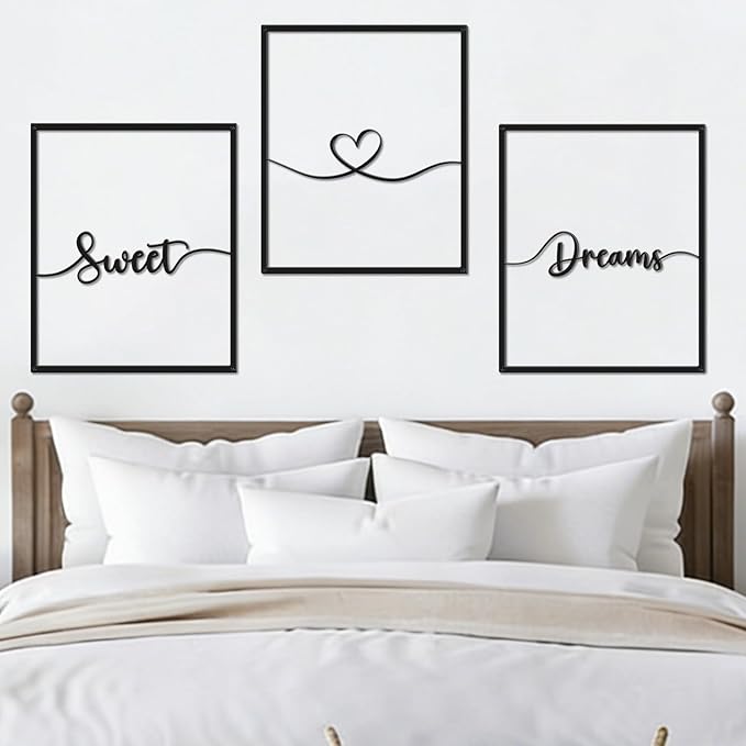 Bnesi Large 3 PCS Bedroom Wall Decoration Sweet Dream Metal Sign Bedroom Wall Decor Set Black And White Wall Art for Bedroom Wall Decor Above Bed Unique Wall Art (Dream)