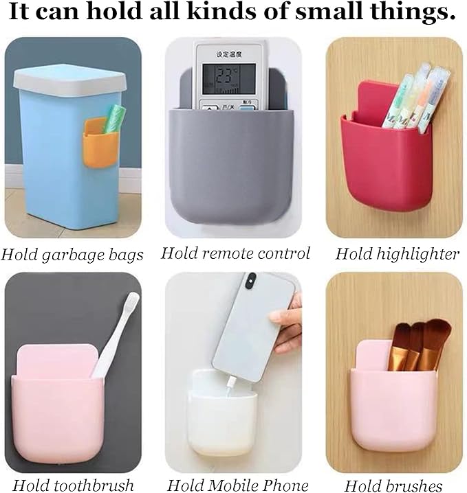 6Pcs Wall Mount Phone Holders Remote Control Holder Bedside No Drilling Sticker Storage Box Cell Phone Charger Stand Bracket for Home Kitchen Bedroom Bathroom Office (Blue Green Pink Red White Yellow)
