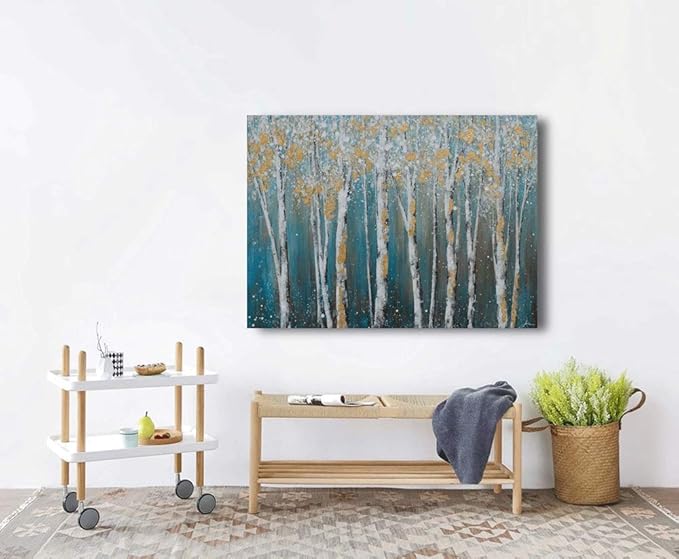 Yihui Arts Birch Tree Canvas Wall Art Hand Painted Teal and White Color Painting with Gold Foil Modern Forest Pictures for Living Room Bedroom Office Decoration
