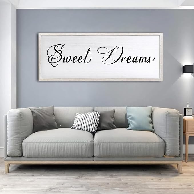 Sweet Dreams Wall Decor Above Bed 32x12 Inch Large Master Bedroom Hanging Wood Rustic Framed Farmhouse Sweet Dreams Sign Guest Room Aesthetic And Minimalist Over Bed Wall Art（White）