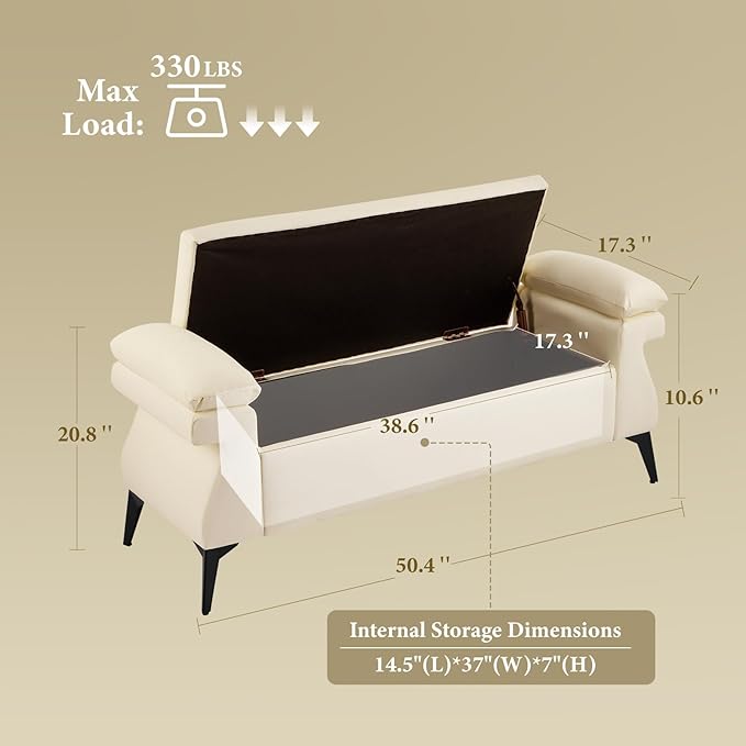 Furniliving 51”Ottoman with Storage, Upholstered End of Bed Bench with Armrest Cushion, Ottoman Bench, Faux Leather Bedroom Bench, Bed Bench with Storage, for Living Room, Entryway, Beige