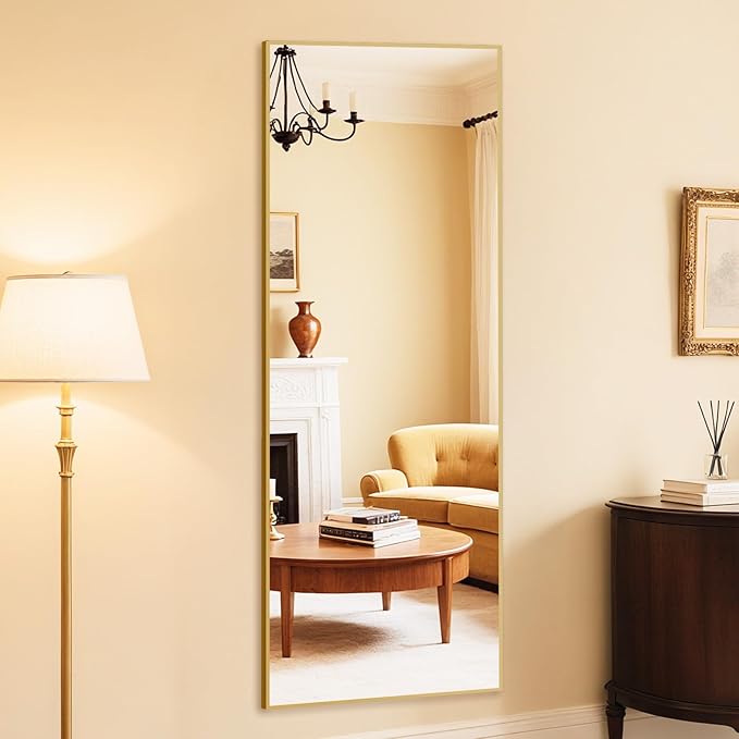 DUMOS Gold Full Length Mirror 59"x16" Full Body Floor Mirror for Bedroom or Cloakroom, Can Stand Alone, Hang or Lean Against Wall, Tall Wall Mirror with Stand and Sleek Aluminum Alloy Thin Frame