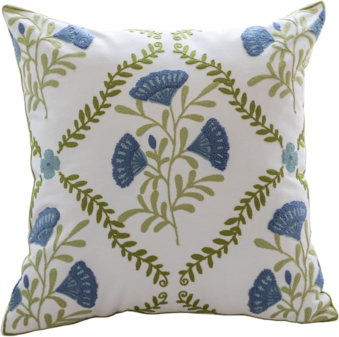 YIcabinet Pillow Covers Set of 2, Embroidered Blue Flower Pattern Throw Pillow Cover,Square Cotton Cushion,Pillow Case for Sofa Bedroom Couch,18"x18"