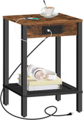 HOOBRO Small Side Table with Charging Station, End Table with USB Ports and Outlet, Nightstand with 2-Tier Storage Shelf, Faux Rattan Decoration, for Small Space, Rustic Brown and Black BF91UBZ01