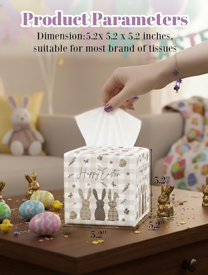 Easter Day Napkin Tissue Box Cover, Buffalo Plaid Bunny Runner Waterproof Leather Paper Organizer Dispenser for Table Dining, Bathroom, Nightstand Vanity, Car, Housewarming Gift Ideas, K