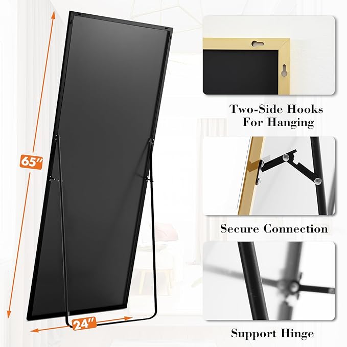 DUMOS Full Length Mirror 24"x 65.1" for Bedroom, Full Body Mirror with Stand, Hanging or Leaning for Wall, Aluminum Alloy Thin Frame Floor Standing for Living Room, Long, Gold