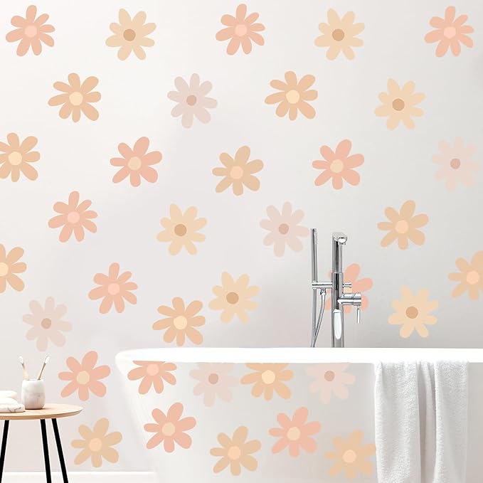 BBTO Daisy Wall Decal Flower Vinyl Wall Decals Daisy Stickers Floral Decals Peel and Stick for Nursery Art Bedroom Living Room(Simple Style,Warm Color)