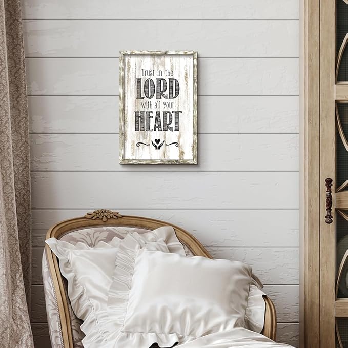 Bible Verses Wooden Wall Decor: Christian Sign Framed Art Picture Farmhouse Religious Scripture Quote Artwork Proverbs Trust in Lord Print for Home Bedroom Dining Room Decorations
