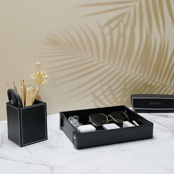 UnionBasic Medium Valet Tray, Jewelry Tray for Rings Watches Earrings, Entryway Catchall Caddy for Coins Keys Change, Nightstand Bedside Valet Holder, Trays for Electronic Gadgets, Black Plus