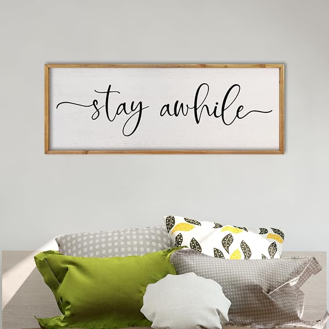 comurdyo Living Room Wall Decor Stay Awhile Sign 32"×12" Lets Stay Family Home Large Vintage Farmhouse Simple Wood Frame for Entryway Hallway Plaque Horizontal Art Hangin (Wood)