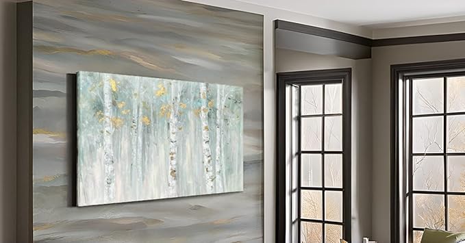 Yihui Arts Birch Tree Canvas Wall Art with Gold Foil - Abstract Forest Paintings with Textured - Green Landscape Pictures for Living Room Bedroom Bathroom Decor