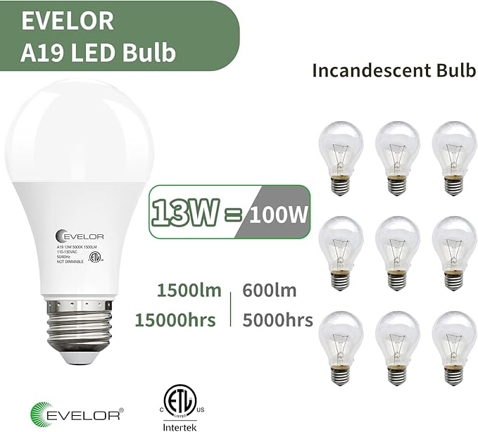 24-Packs A19 LED Light Bulbs,100 Watt Equivalent Daylight 5000K Bright Bulbs Efficient 13W,1500 Lumens E26 Base, Non-Dimmable, 15000-Hour Lifespan for Bedroom, Living Room, Office