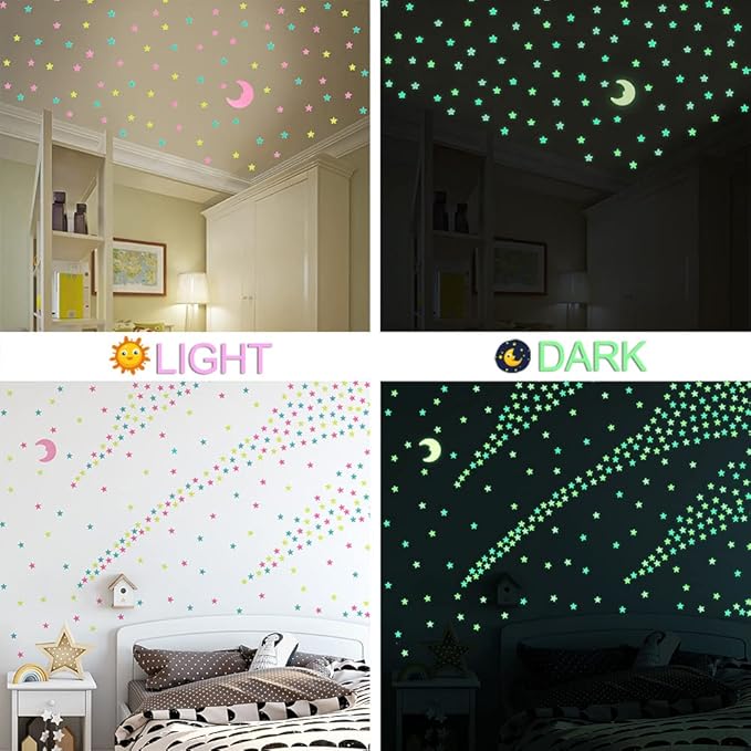 AM AMAONM Glow in The Dark Luminous Stars Fluorescent Noctilucent Plastic Moon Wall Stickers Murals Glowing Star Decals for Home Art Decor Ceiling Wall Decorate Kids Babys Bedroom Room 200pcs