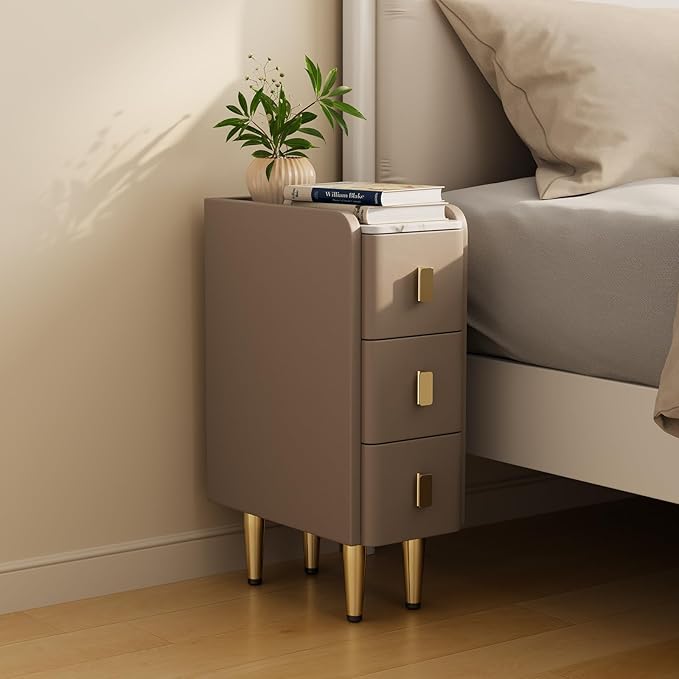 AQIMUELE Narrow Nightstand with Drawers, Narrow Side Table Leather, Small Bedside Tables for Bedroom. (Beige)