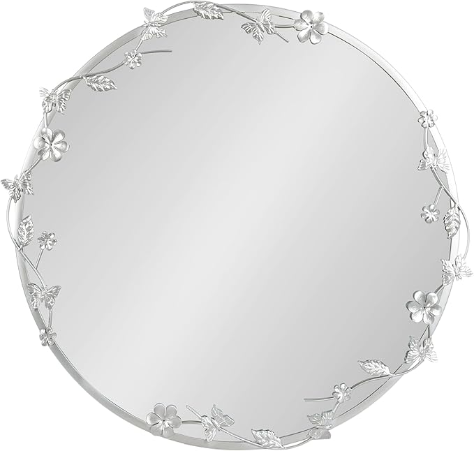 Kate and Laurel Rosella Modern Ornate Round Wall Mirror, 26 Inch Diameter, Silver, Circle Mirror with Floral Detailing for Use as Bathroom Mirror for Over Sink or Cute Kids Room Decor