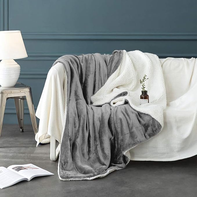 LBRO2M Sherpa Blanket Super Soft Fuzzy Plush Warm Cozy Fluffy Throw Reversible Luxurious Blankets (Queen(90x90 Inches), Grey)