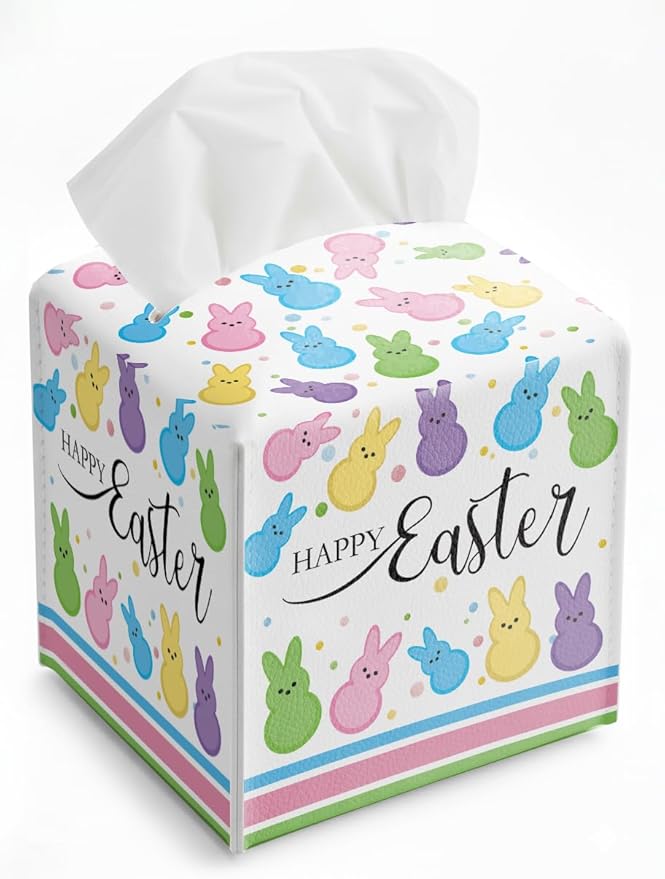 Easter Day Napkin Tissue Box Cover, Colorful Bunny Waterproof Leather Paper Organizer Dispenser for Table Dining, Bathroom, Nightstand Vanity, Car, Housewarming Gift Ideas, N