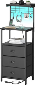 Bedside Tall Nightstands with Charging Station, LED Bedside Table for Bedroom - 3 PU Fabric Drawers, Hooks, Black