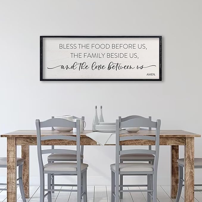 comurdyo Bless the Food Before Us Sign, 32" X 12" for Dining Room Kitchen Large Vintage Wall Decor, Farmhouse Christian Scripture Wooden Framed Religious Wall Hanging Art (Black)