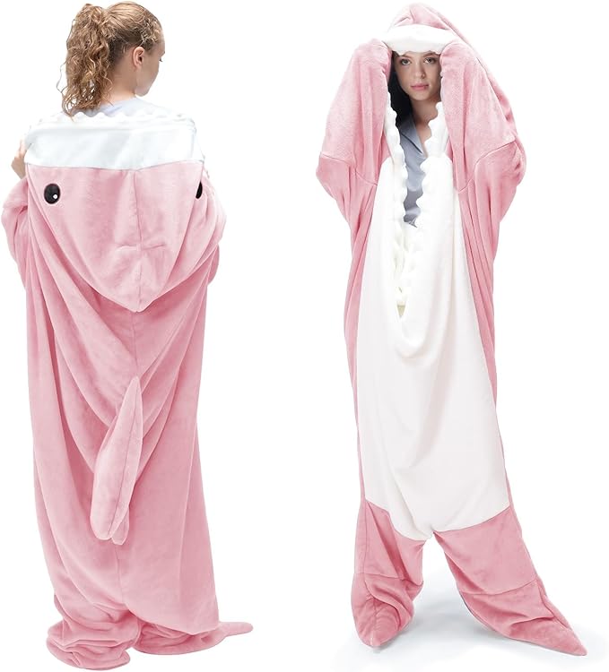 Touchat Shark Blanket for Adult Super Soft Cozy Flannel Throw Wearable Blankets, Cartoon Animals Onesie hoodie, Sleeping Bag Cosplay Costume Blanket Gifts for Shark Lovers(Pink,XXL)