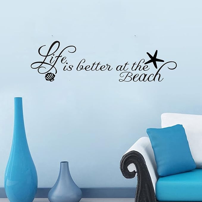 Inspirational Quotes Family Wall Stickers: Home Vinyl Art Wall Decals for Kitchen Living Room - Life is Better at The Beach 45" X 12.6"