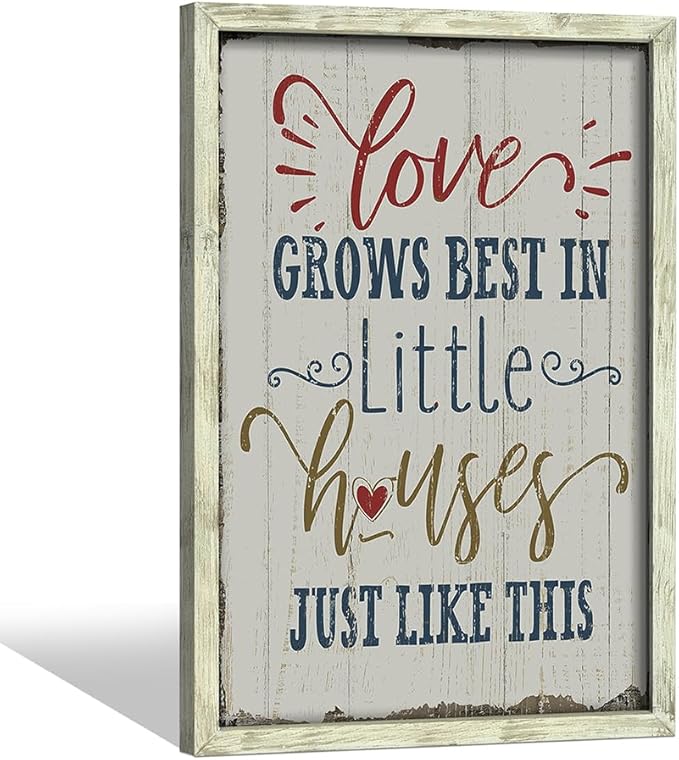 Farmhouse Family Wood Wall Decor: Rustic Home Sign Framed Art Picture Love Grows Best in Little Houses Inspirational Quote Print Artwork for Bedroom Living Room Kitchen Decorations