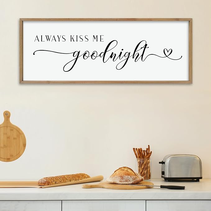 comurdyo Romantic Couple Always Kiss Me Goodnight Sign 40"×15" for Large Modern Rustic Love Theme Master Bedroom Above bed Wood Frame Horizontal Hanging Wall Art Decor (Wood)