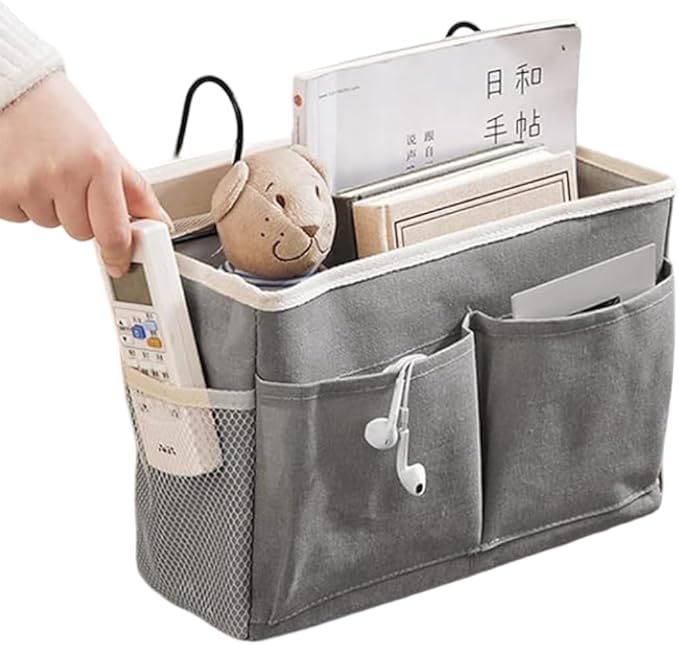 Premium Linen Hanging Bedside Caddy Organizer – Multi-Pocket Bedside Storage for Bedroom, Dorm & Hostel | Bedside Hanging Basket for Books, Remote, Mobile, Glasses & Essentials(HANGGING BAG)