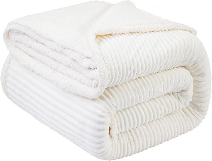 LBRO2M Striped Sherpa Fleece Bed Blanket Twin Size, Super Soft Fuzzy Plush Warm Cozy Fluffy Microfiber Couch Throw Velvet Double Reversible Luxurious Blankets (65x90),Ivory