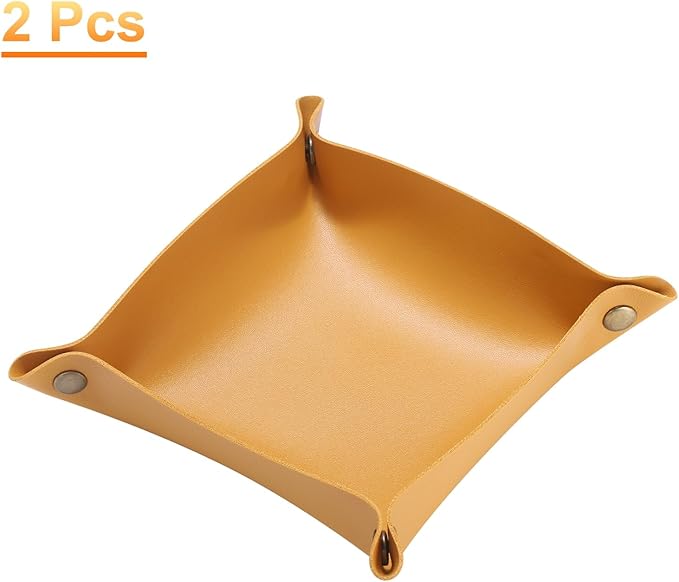 HARFINGTON 2pcs PU Leather Valet Tray Unisex Folding Small Catchall Tray Portable Entryway Table Tray Nightstand Bedside Desk Tray for Key Wallet Watch Coin Jewelry Dice, Yellow