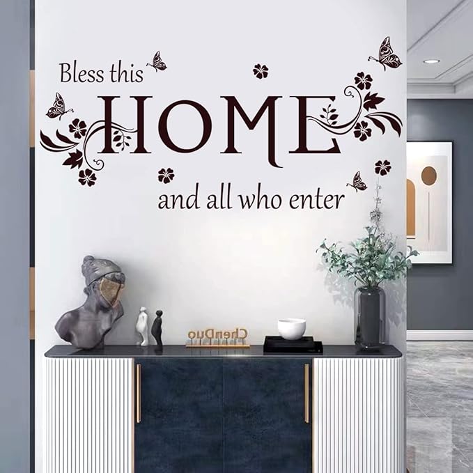 Wall Decals Wall Decor Sticker Quote Bless This Home and All who Enter Removable Mural Wall Stickers for Living Room Dining Room Bedroom Entryway Family Home Decoration (Brown)