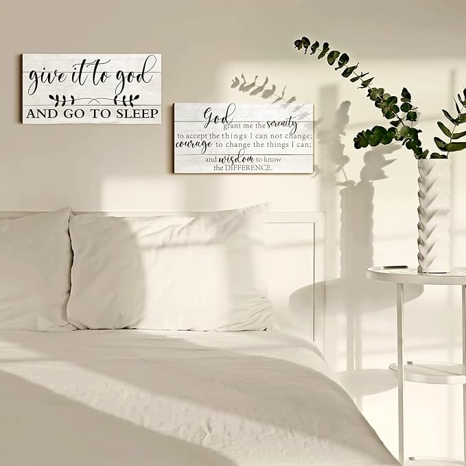 Chunful 2 Pcs Give It to God and Go to Sleep Sign Above Bed Wall Decor Serenity Prayer Sign Prayer Wall Art Rustic Farmhouse Vintage Bedroom Decor for Home(Simple Style)