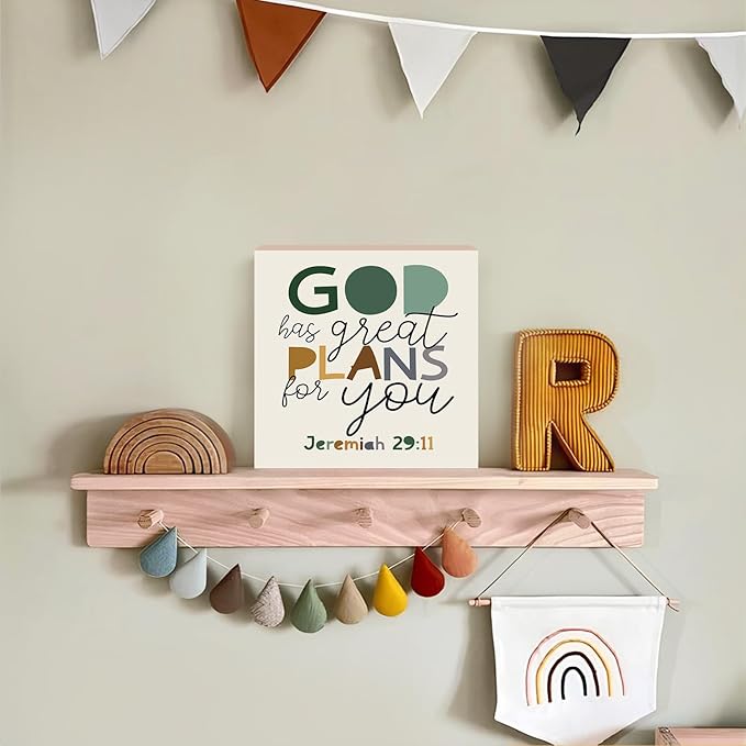 Lacama Christian Nursery Wooden Box Sign, Boho Bible Verse Decorations Wood Block Signs, God Has Great Plans for You Christian Wood Sign for Boys Room Bedroom Desk Shelf Wall Decor 5x5 Inches