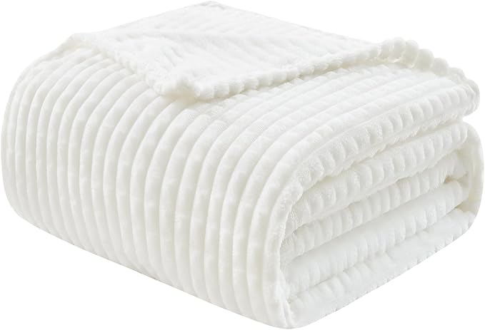 EMME Fleece Throw Blanket Luxury Flannel for Couch Bed Sofa Chairl, Soft, Plush, Warm and Cozy Blanket with Geometric Grid Design (White, 80'' x 90'')