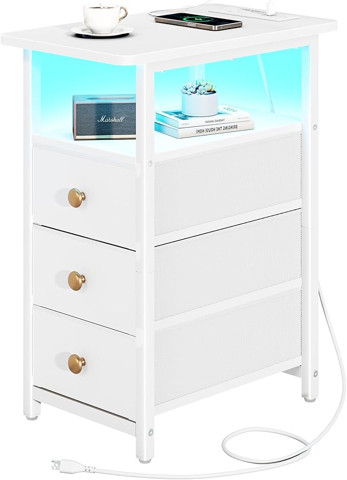 Yoobure End Table with Charging Station, LED Narrow Side Table Bedside Table, Small Night Stand End Tables Living Room, Skinny Nightstand with 3 Fabric Drawers, Side Tables Bedroom for Small Spaces