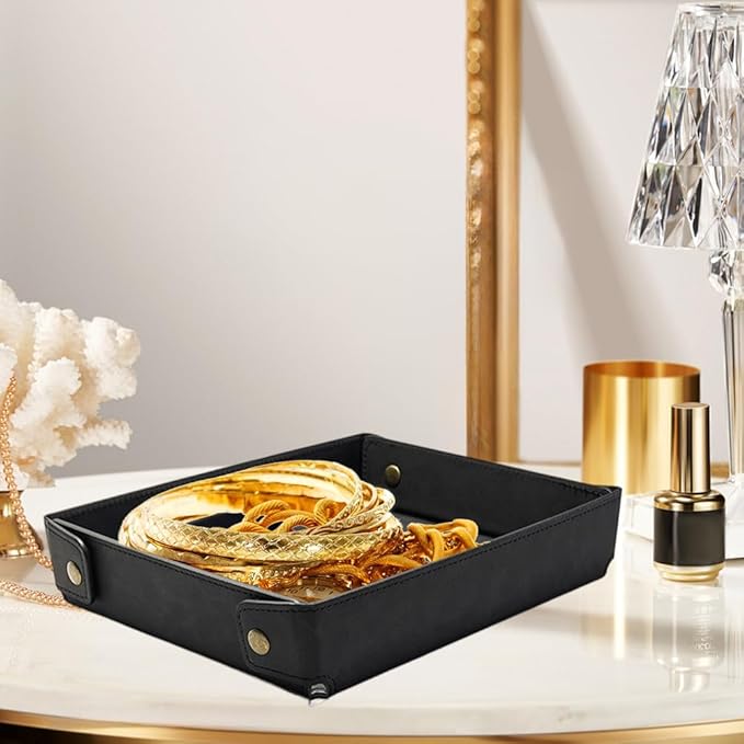 Black PU Leather Jewelry Valet Tray Foldable Leather Necklace Storage Case Portable Catchall Travel Dish Plate Pendant Organizer Holder Container for Men Women Desk Bedside Drawers