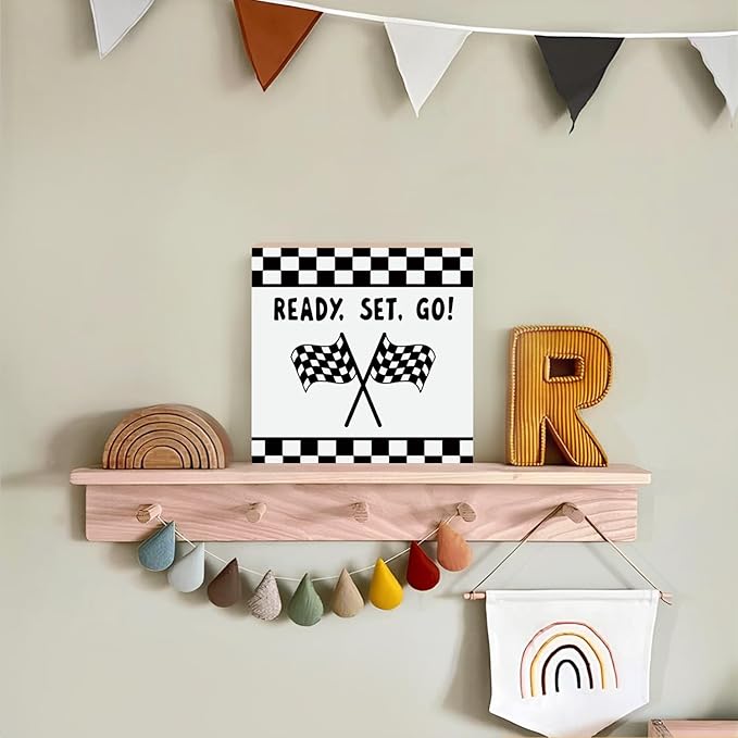 Lacama Race Car Boys Room Wooden Box Sign, Ready Set Go Race Car Decorations Wood Block Signs, Black and White Checkered Wood Sign for Boys Room Playroom Desk Shelf Wall Decor 5x5 Inches