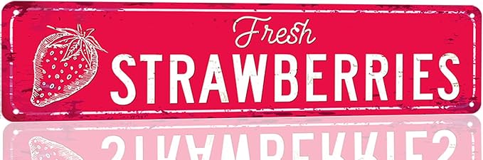 Strawberry Sign Vintage Metal Tin Sign Fresh Strawberries Signs Farmers Market Decor Home Kitchen Cottage Farm Art Plaque Wall Decoration 16x4 Inches