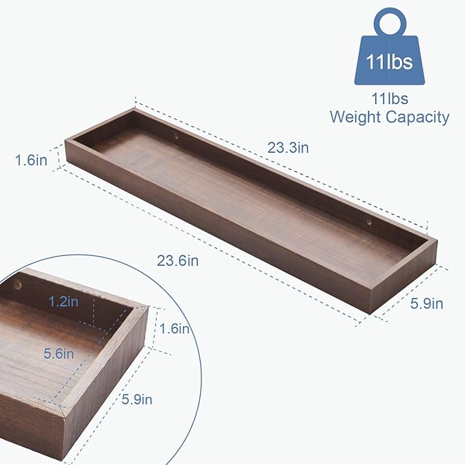 Floating Shelves for Wall, Wooden Wall Shelves for Bedroom Living Room Kitchen, Modern and Rustic Bathroom Shelves with Raised Lip, Decor Floating Shelf for Storage (Walnut-Like,2 Set,23.6 in)