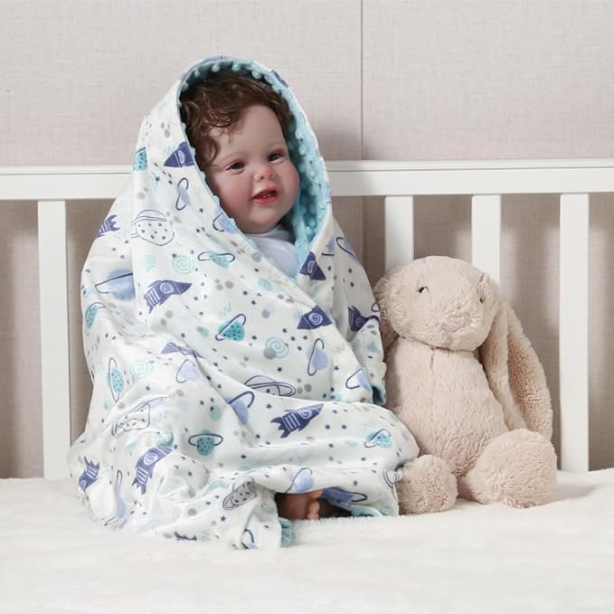 CREVENT 2Pcs 30''X40'' Cute Cozy Fluffy Warm Baby Blankets for Infants Toddlers' Bedding Crib Cot Stroller - Grey Cloud + Minky Space