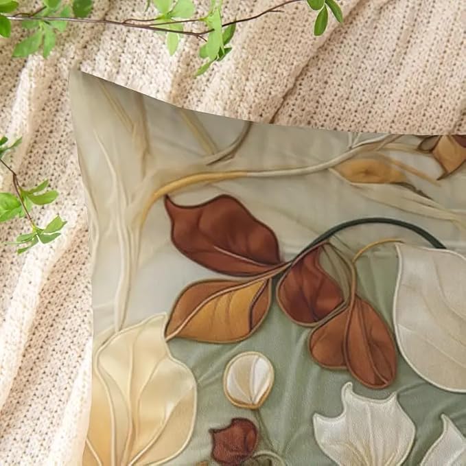 Decorative Throw Pillow Covers, Vintage Floral Pattern in Sage Green and Brown, 2 Pack Square Cushion Cases with Autumn Leaves Design，18x18 Pillows Linen Pillowcase