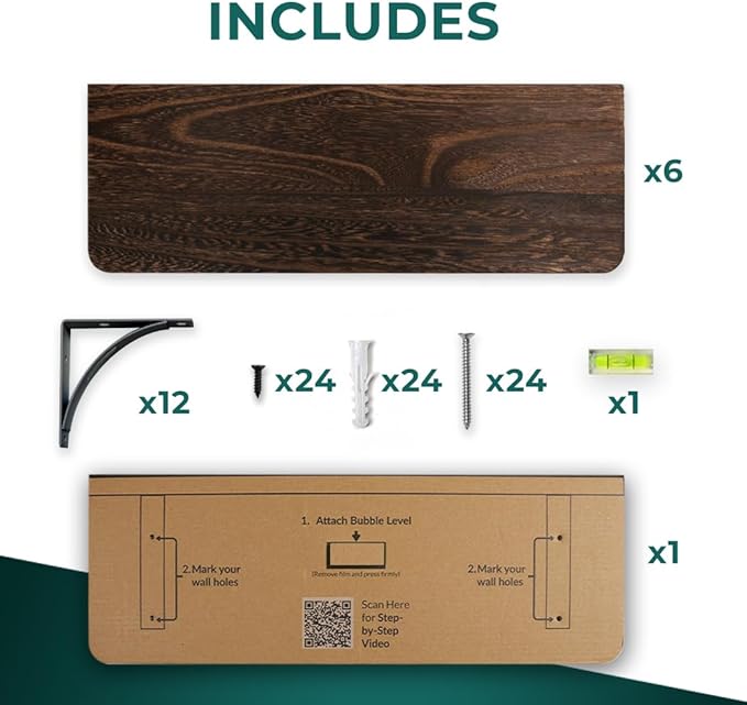 Reinforced Steel Bracket Rustic Brown Shelf - Easy to Install, Template and Video Included - Rustic Shelves for Wall, Bathroom Storage Shelves