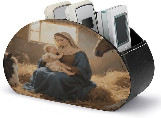 Virgin Mother Mary Remote Control Holder Organizer Box with 5 Compartment PU Leather Bedside Storage Caddy Remote Organizer for Controller Media Player Pen/Pencil Storage
