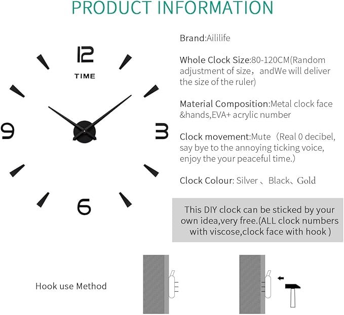 AILILIFE 3D DIY Wall Clock Decor Sticker Mirror Frameless Large DIY Wall Clock Kit for Home Living Room Bedroom Office Decoration (Black)