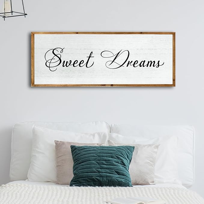 Sweet Dreams Wall Decor Above Bed 32x12 Inch Large Master Bedroom Hanging Wood Rustic Framed Farmhouse Sweet Dreams Sign Guest Room Aesthetic And Minimalist Over Bed Wall Art（Wood White）