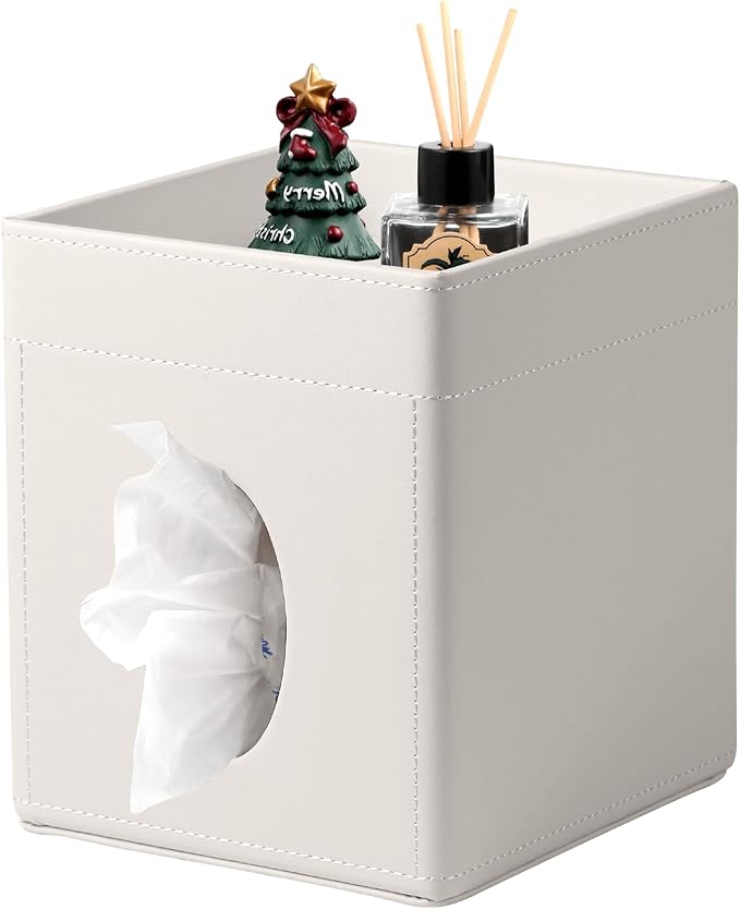 Tissue Box Cover, PU Leather Square Tissue Box Holder with Upper Storage Tray for Bathroom/Countertop/Nightstand/Office Table - White